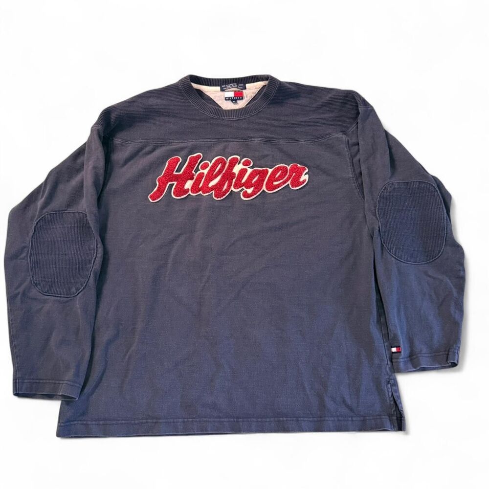 Vintage 90s Men’s Tommy Hilfiger Tufted Crewneck Sweater XL Elbow Patches